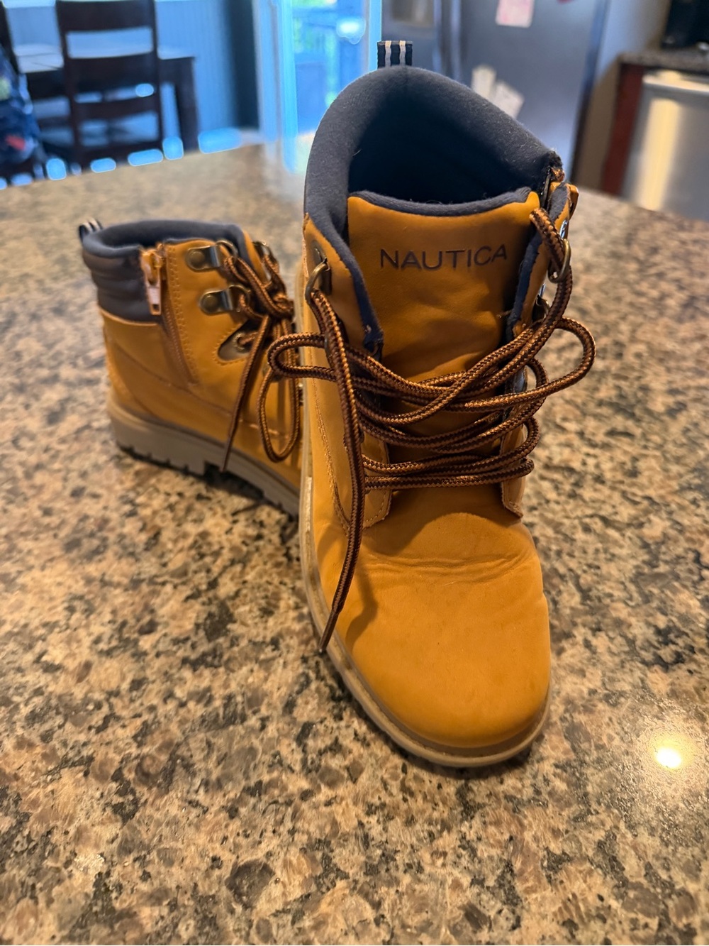 Nautica Yellow-Tan Work Lace-Up Boots with Navy Collar